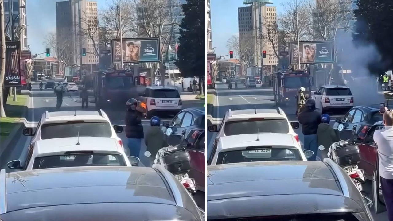 Şişli'de panik anları... Cipin lastikleri alev alev yandı: Trafik kilitlendi