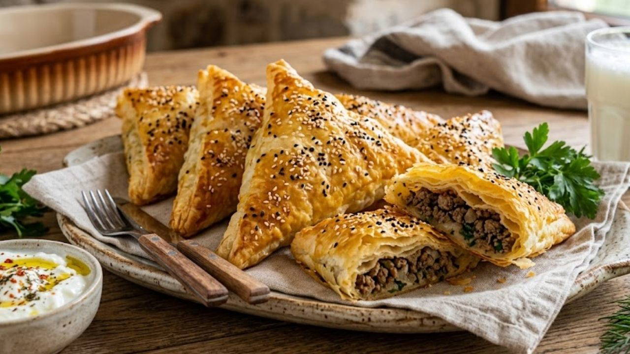 Hazır yufka kullanarak evde kolayca hazırlayabileceğiniz, çıtır çıtır ve lezzetli bir kıymalı üçgen börek tarifi paylaşıldı.
